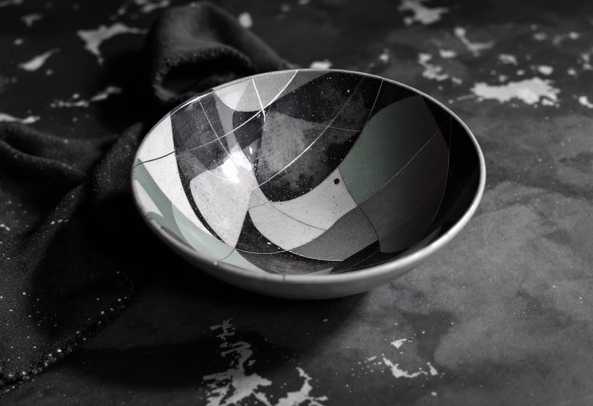 A painted bowl on dark stone
