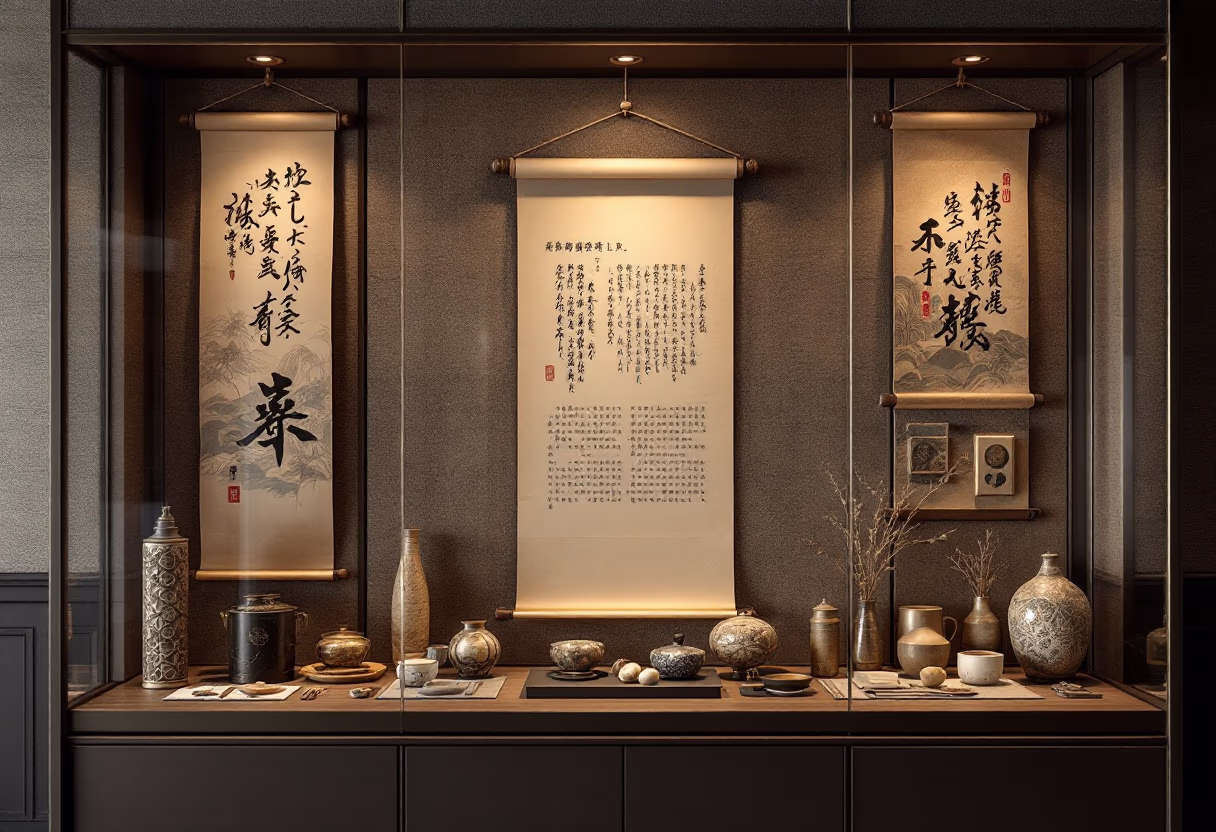 A lit display alcove with hanging scrolls and ceramics
